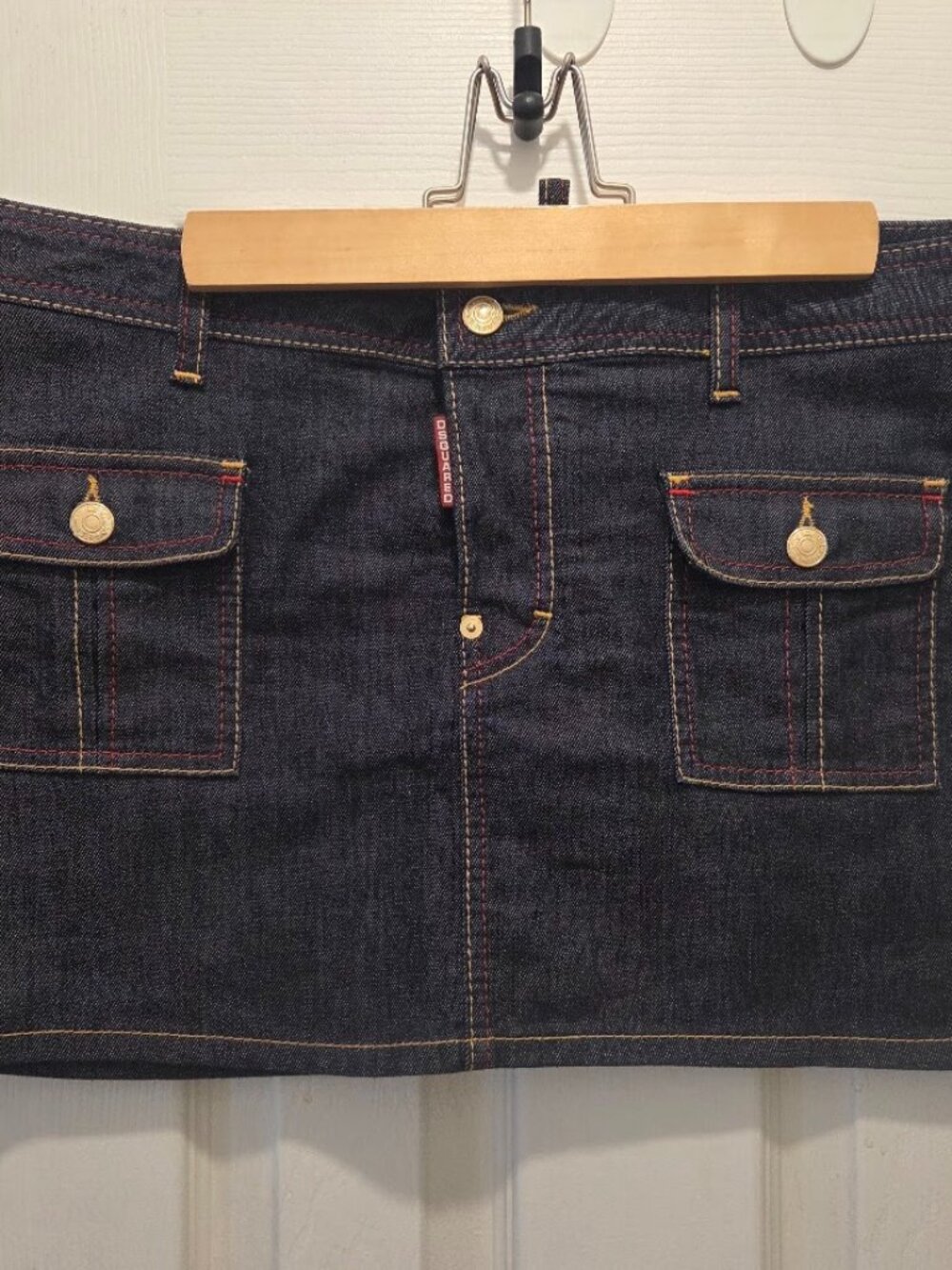 DSQUARED2 Dark Wash Denim Mini Skirt Gold Red Contrast Stitching Size 46/ US 10